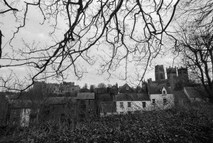 View of both of Durham's iconic landmarks: the Cathedral and the Castle. Film grain visible (scan from Delta 3200). Winter 2011-2012