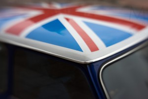 Car with Union Flag rooftop Photographed with Lensbaby