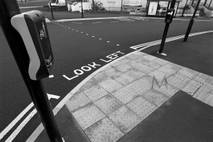 There are several types of pedestrian crossings on the British roads; this is a "puffin crossing", photographed in Whitley Bay, Northeastern England. Kodak Professional Tri-X 400;  Nikkor UD 20/3.5 adapted onto Canon EOS 1n