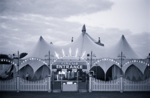 Circus entrance, evening, Durham Nikon FM2n with Nikkor 50mm f/1.2 wide open, Neopan 400, colour toned.