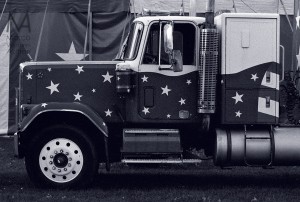 Truck, decorated with the American flag. Delta 3200