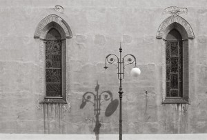 Parrocchia di Sant'Antonio Abate, Pisa - side facade. Scan from Provia 100F, toned into B&W. One lightbulb of the streetlamp is missing