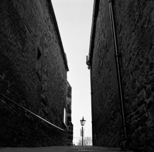 Durham, England - March 6, 2011: From the western side of Palace Green a narrow lane called Windy Gap leads to the wooded river bank. Film grain visible (scan from 120 Delta 3200)